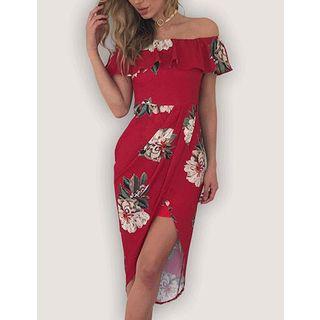 Printed Off-shoulder Short-sleeve Sheath Dress