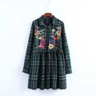 Long-sleeve Check Embroidered Dress