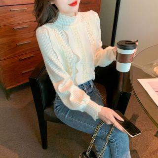 Lace Panel Stand-collar Long-sleeve Top