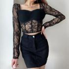Lace Panel Long-sleeve Cropped Top
