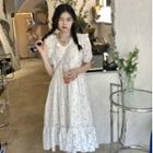 Short-sleeve Floral Print Frill Trim Midi A-line Dress White - One Size