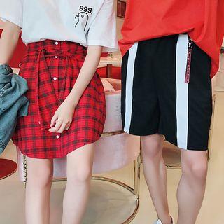 Couple Matching Contrast Trim Shorts/ Plaid Flared Skirt