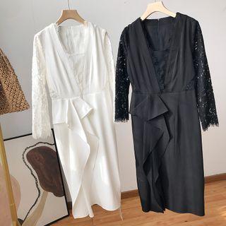 Long-sleeve Lace Ruffled Shift Dress