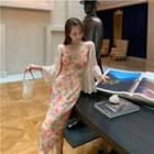 Spaghetti Strap Flower Print Midi Sheath Dress / Lace Jacket