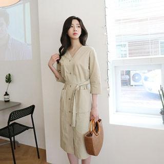 V-neck 3/4-sleeve Shirtdress With Sash