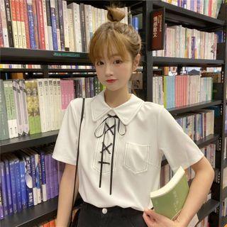 Lace-up Short-sleeve Pocket-front Blouse White - One Size