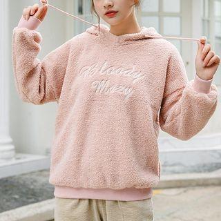 Letter Embroidered Fleece Hoodie Pink - One Size