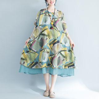 Printed Elbow-sleeve Midi Chiffon Dress Blue - One Size