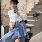 Ruffle Long-sleeve Top / Irregular Denim Skirt