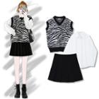 Long-sleeve Shirt / Knit Vest / Mini A-line Skirt