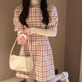 Puff-sleeve Plaid Mini A-line Dress Brown & White - One Size