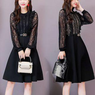 Frilled Trim Lace Panel A-line Dress
