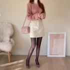 Set: Raglan-sleeve Sweater + Zip-fly Miniskirt Pink - One Size