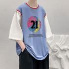Mock Two-piece Short-sleeve Number Applique T-shirt