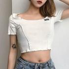 Short-sleeve Lettering Embroidered Cropped T-shirt