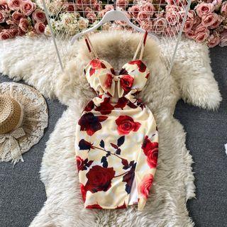 Spaghetti Strap Floral Print Bow Accent Mini Bodycon Dress