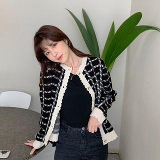 Scallop-edge Contrast-trim Checked Cardigan Black - One Size