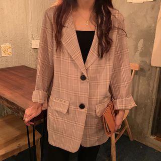 Long-sleeve Oversize Plaid Blazer