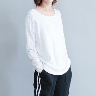 Plain Long Sleeve T-shirt / Striped Band Waist Pants