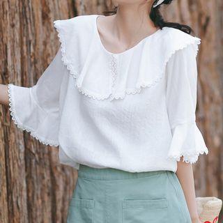 Frill Trim Plain Elbow Sleeve Blouse