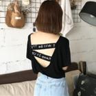 Letter Embroidered Cut Out Back Short Sleeve T-shirt