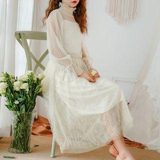 Long-sleeve Sheer Top / Camisole / Beaded A-line Midi Skirt / Set