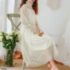 Long-sleeve Sheer Top / Camisole / Beaded A-line Midi Skirt / Set
