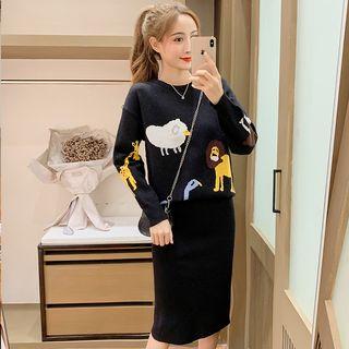 Set: Print Loose-fit Sweater + Pencil Skirt Black - One Size