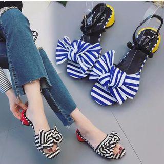 Striped Bow Accent Chunky Heel Sandals