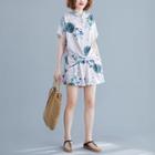 Set: Printed Short-sleeve Blouse + Elastic-waist Shorts Set - Shirt - Pattern - White - One Size / Shorts - White - One Size