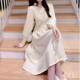 Long-sleeve Chained Knit Midi A-line Dress