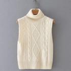 Turtleneck Cable Knit Sweater Vest Beige - One Size