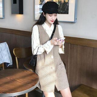Bell-sleeve Shirt / Plaid Sleeveless Mini Dress