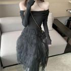 Off-shoulder Long-sleeve Midi A-line Crinkle Dress