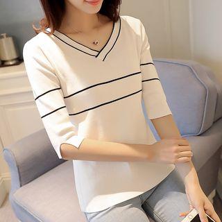 Contrast Trim V-neck Elbow-sleeve Knit Top
