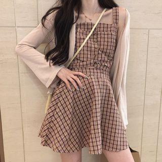 Plaid Wide-strap Crop Top / Plaid A-line Skirt / Open Front Cardigan