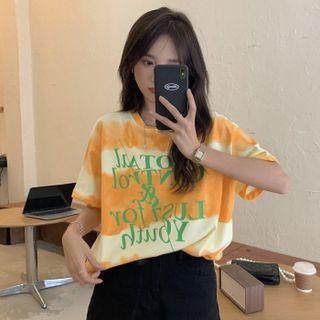 Short Sleeve Letter Print Two-tone Striped T-shirt