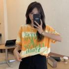 Short Sleeve Letter Print Two-tone Striped T-shirt