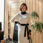Mock-neck Contrast-trim Dress With Sash