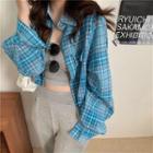 Loose-fit Cropped Plaid Shirt Blue - One Size