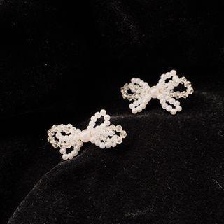 925 Sterling Silver Faux Pearl Ribbon Stud Earring 1 Pair - 925silver Earring - One Size