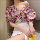 Floral Print Short-sleeve V-neck Top / Asymmetric Pencil Skirt