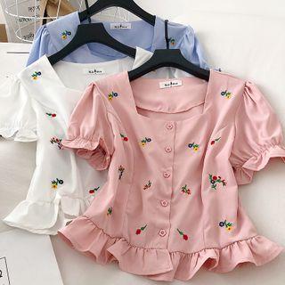 Ruffle Trim Floral Embroidered Short-sleeve Top
