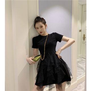 Short-sleeve Sheer Overlay A-line Dress Black - One Size