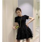 Short-sleeve Sheer Overlay A-line Dress Black - One Size