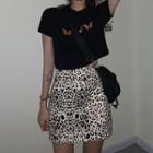 Butterfly Embroidered Short-sleeve T-shirt / Leopard Print Mini Straight-fit Skirt