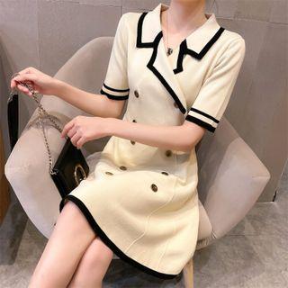 Short-sleeve Double-breasted Knit Mini A-line Dress