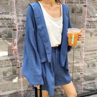 Set: Hooded Buttoned Jacket + High Waist Shorts Jacket + Shorts - Blue - One Size