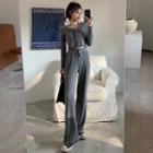 Set: Long-sleeve Button T-shirt + Wide-leg Pants