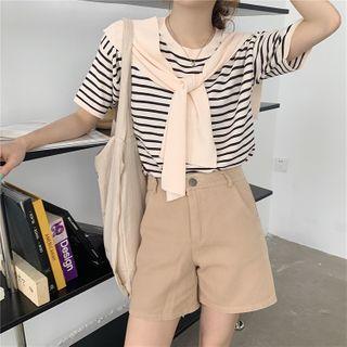 Mock Two-piece Tie-front Striped Short-sleeve Knit Top